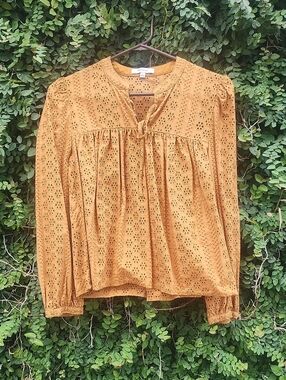 Madewell Burnt Orange Eyelet Peasant Blouse With Tie-Neck Top